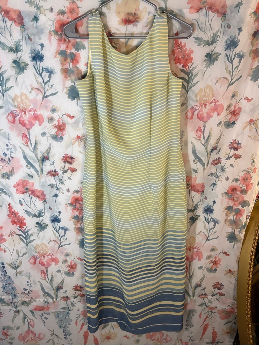 Vintage Sleeveless Yellow and Blue Striped Women’s Dress